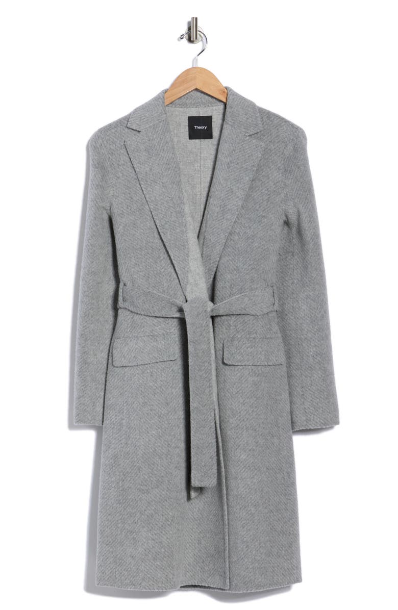 Theory Chevron Belted Wool Coat, Alternate, color, Heather Grey