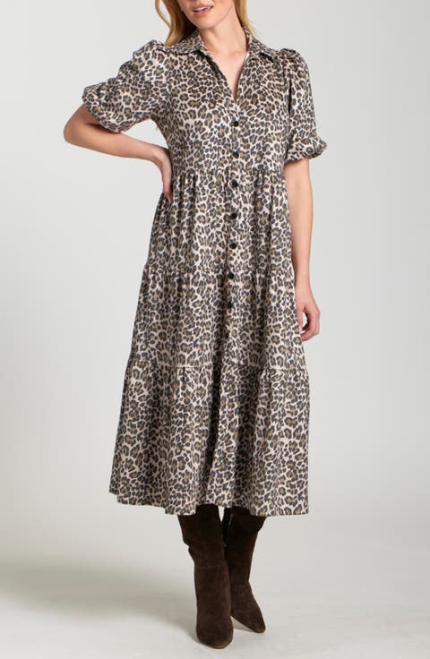 Leopard Print Faux Suede Tiered Shirtdress