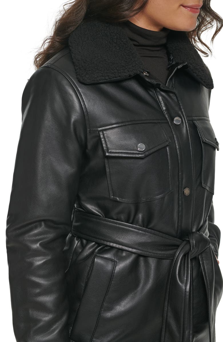 Kenneth Cole Faux Leather Tie Belt Shacket with Removable Faux Shearling Collar, Alternate, color, Black