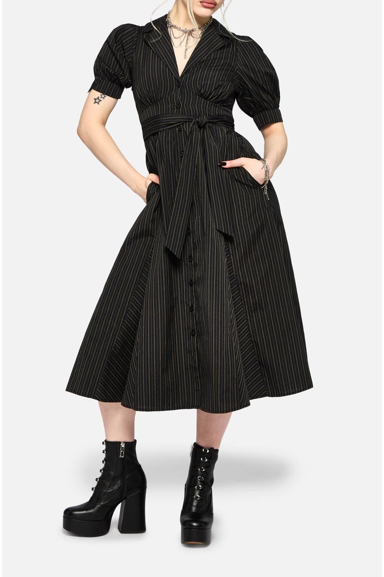 Jenna Stripe Cotton Tie Midi Dress, Alternate, color, Black
