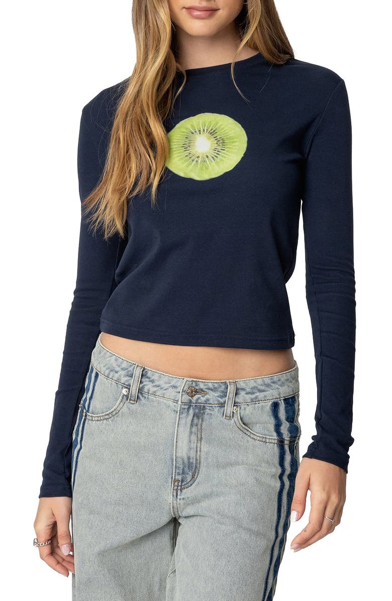 EDIKTED Kiwi Long Sleeve Graphic T-Shirt, Main, color, Navy