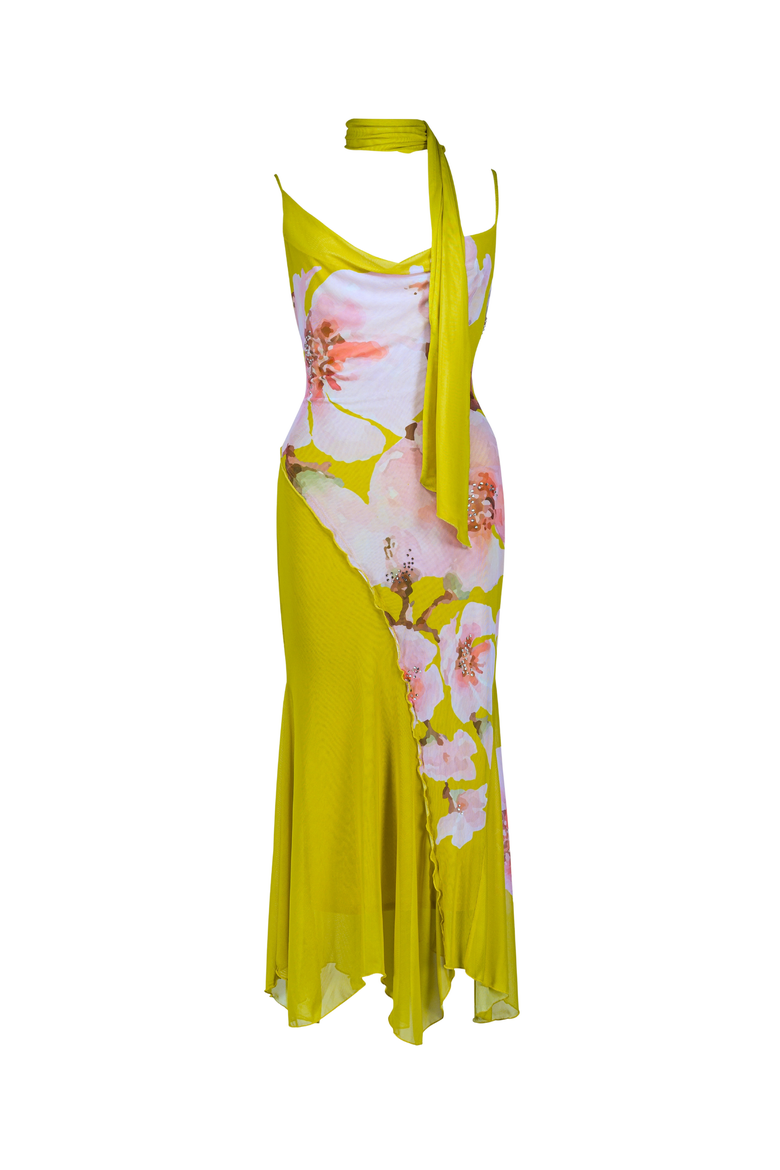 Elaria Floral Printed Mesh Dress, Main, color, Chartreuse