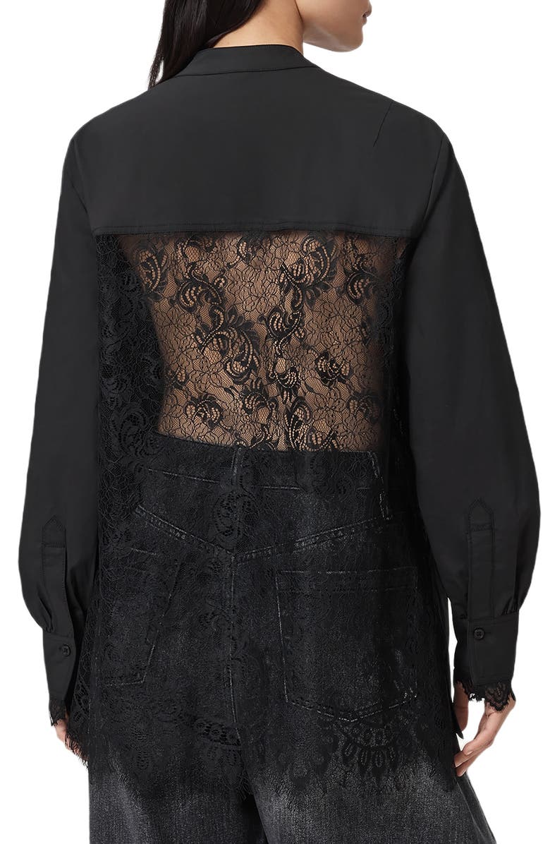 AllSaints Ethel Lace Trim Long Sleeve Woven Shirt, Alternate, color, Black