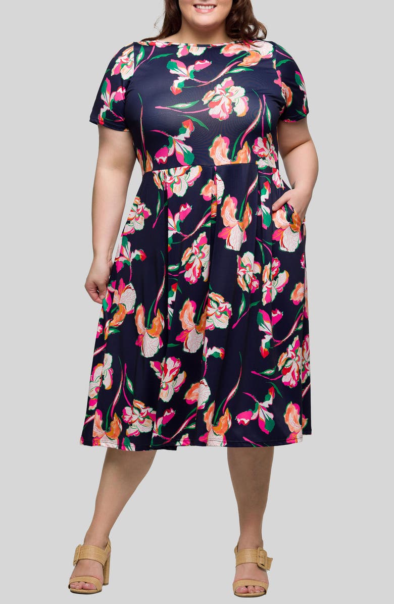24seven Comfort Apparel Floral Short Sleeve Fit & Flare Midi Dress, Main, color, Navy Multi