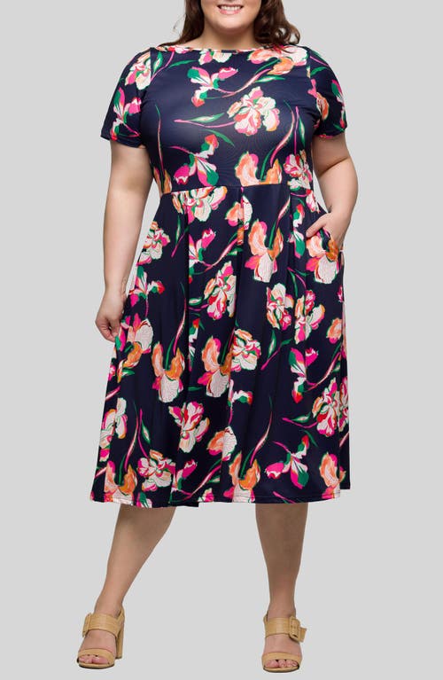 24seven Comfort Apparel Plus Size Short Sleeve Pleated Flare Midi Pocket Dress In Navy Multi