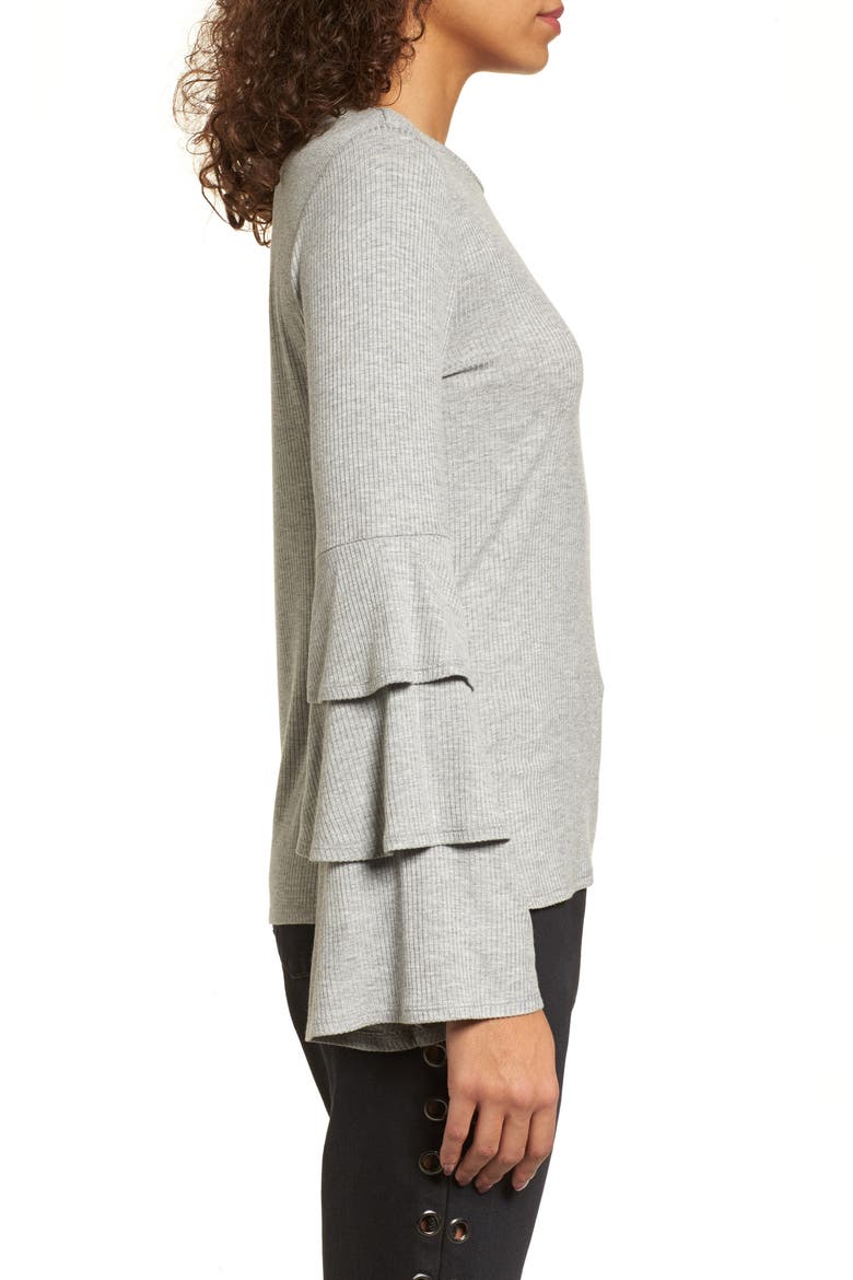 Ruffle Sleeve Ribbed Sweater, Alternate, color, GREY MEDIUM HEATHER