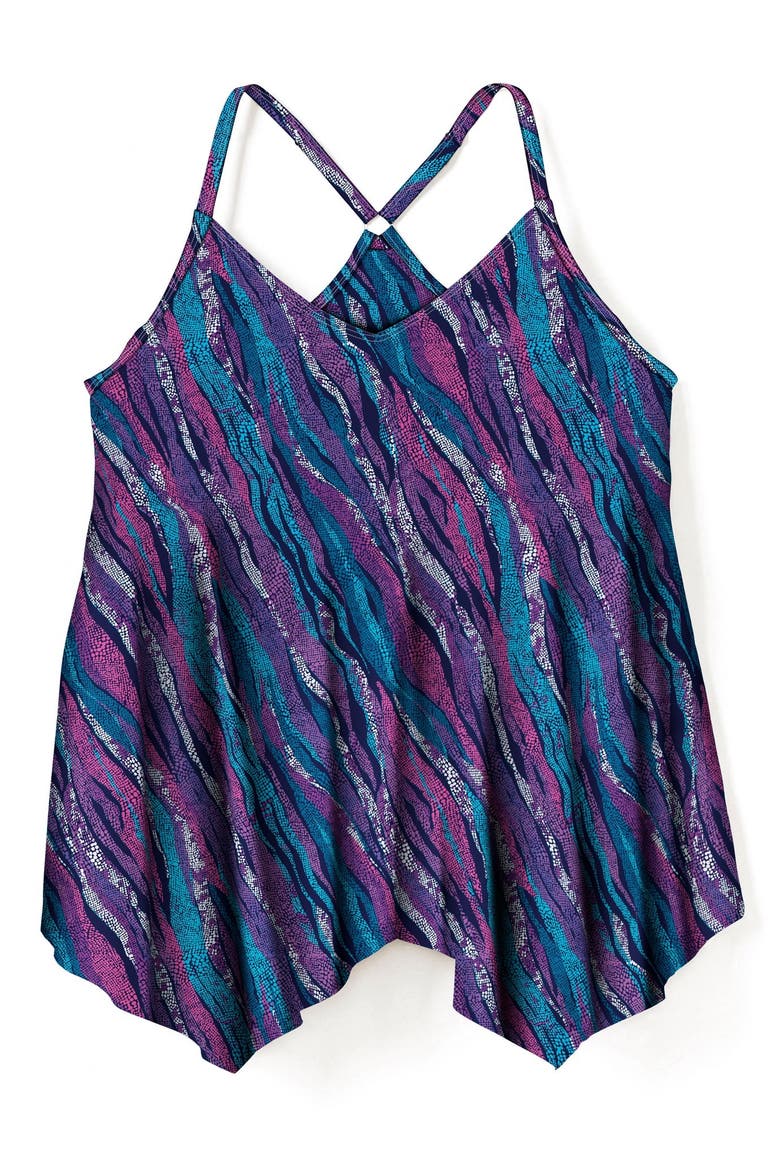 Longer Length Draped Mesh Racerback Tankini Top, Alternate, color, MIRTILLA ANIMAL STRIPE