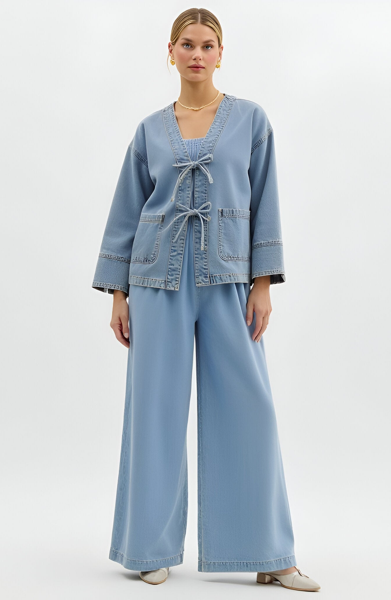 Modenaire Tie-Front Denim Jacket with Patch Pockets, Main, color,