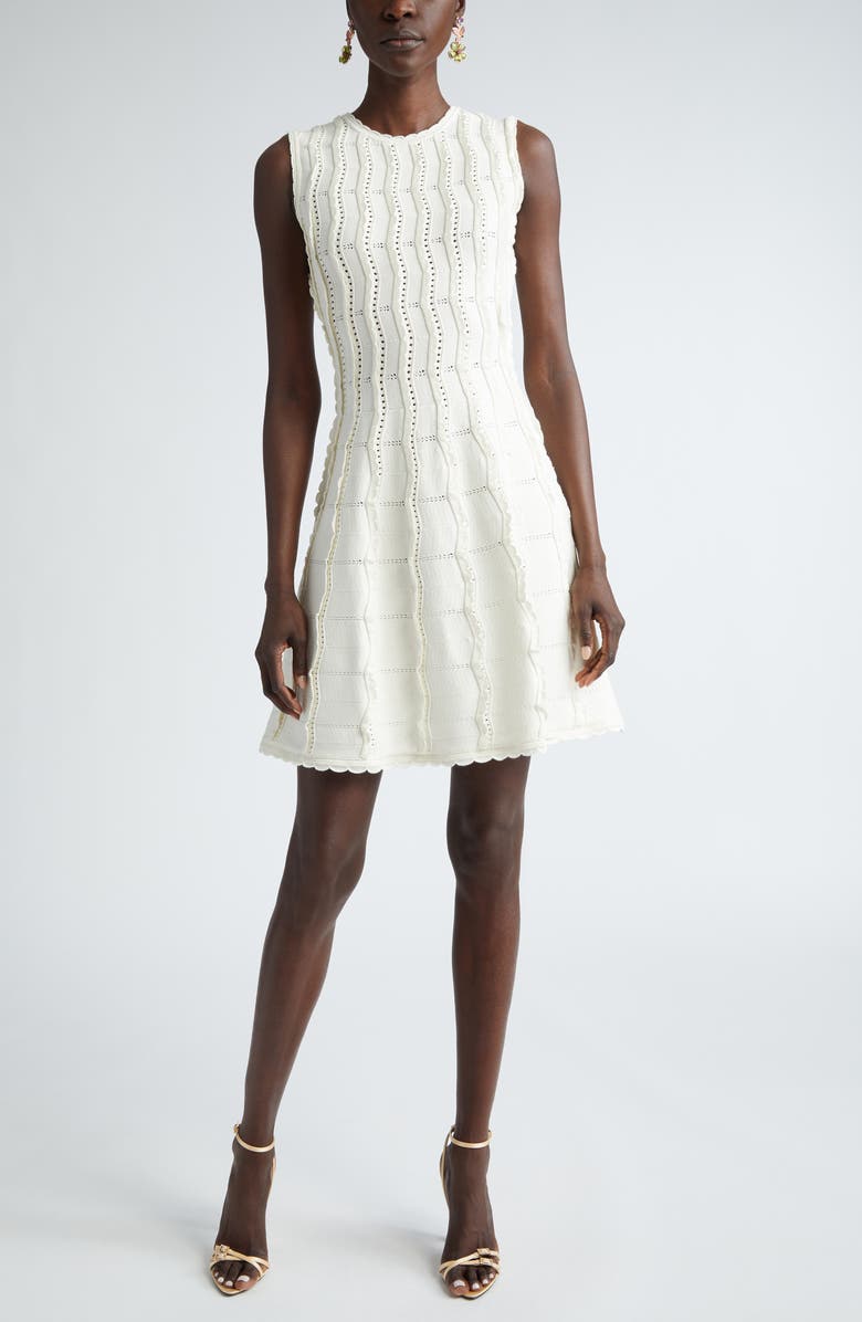 Oscar de la Renta Sleeveless Wave Knit Fit & Flare Dress, Main, color, Ivory