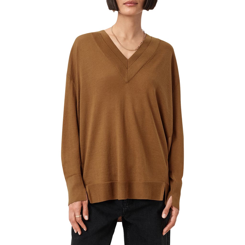 Allsaints Womens Caramel Brown Bern V-neck Contrast-panel Merino-wool Jumper In Brown