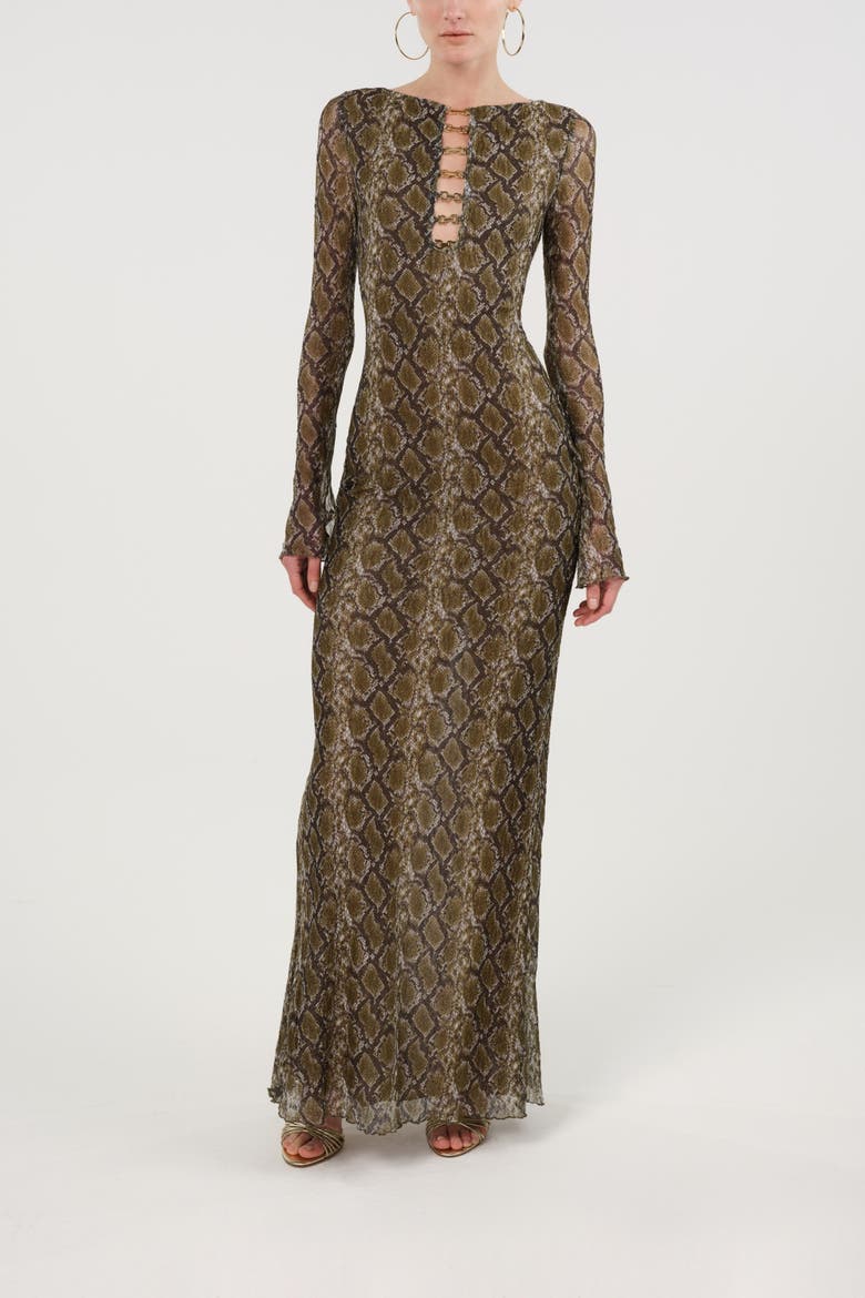 Snake Print Ring Detail Long Sleeve Maxi Dress, Alternate, color, Multi-Colored