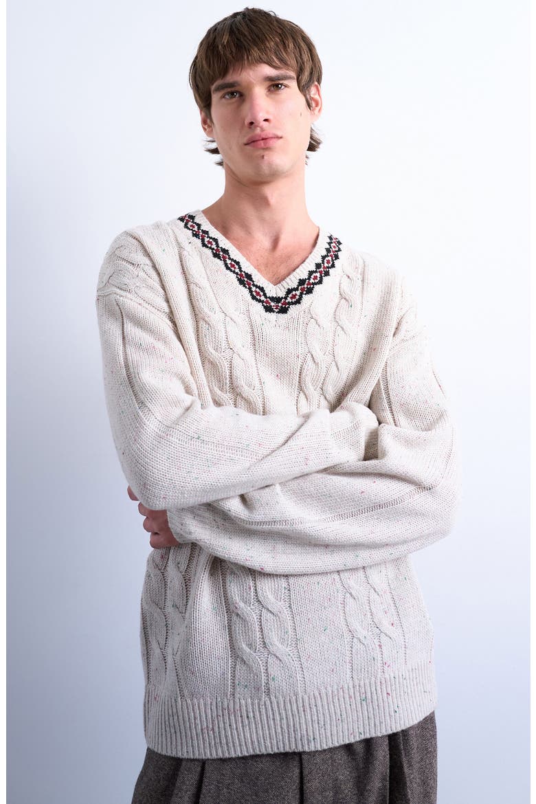V-Neck Cable Nep Sweater, Alternate, color, ECRU