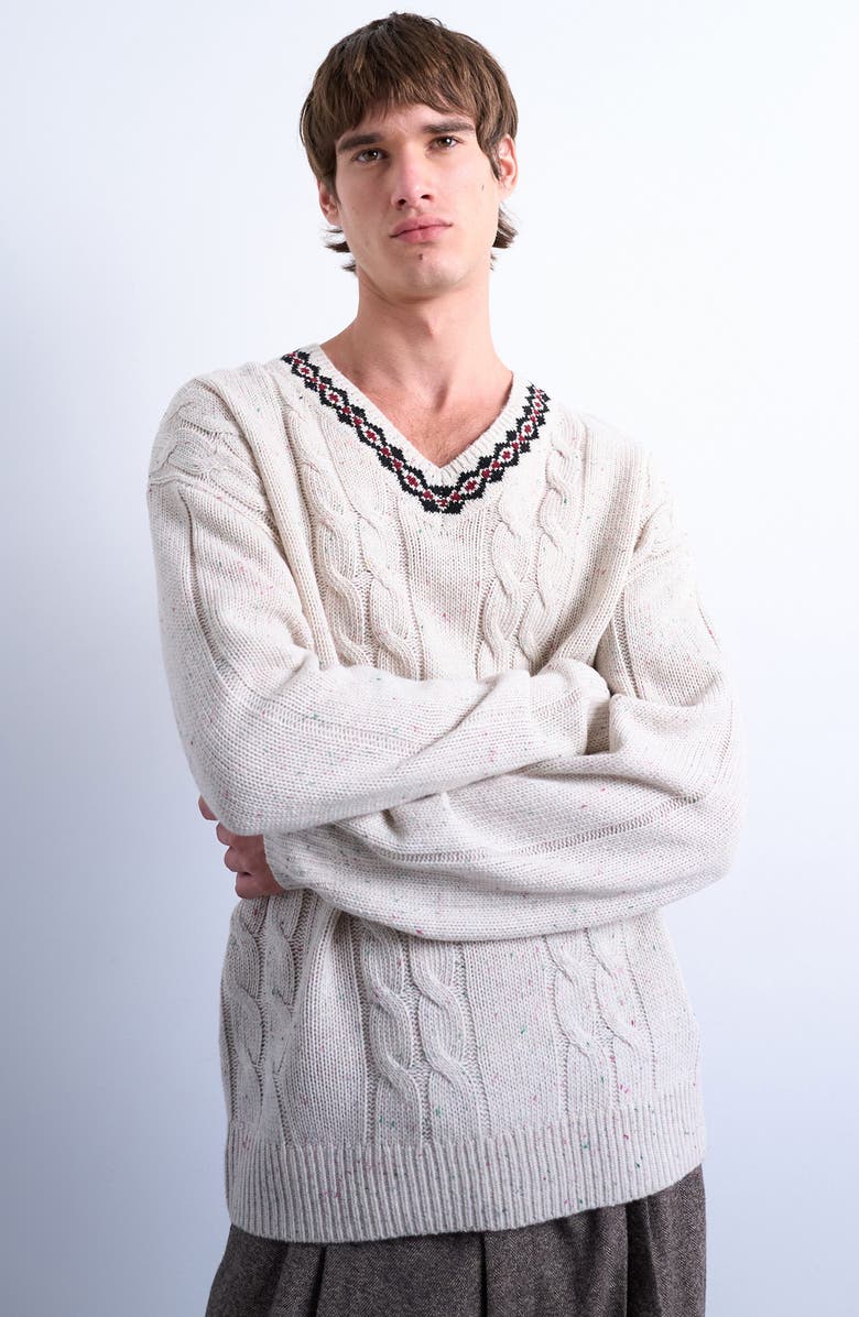 Topman V-Neck Cable Nep Sweater, Alternate, color, Ecru