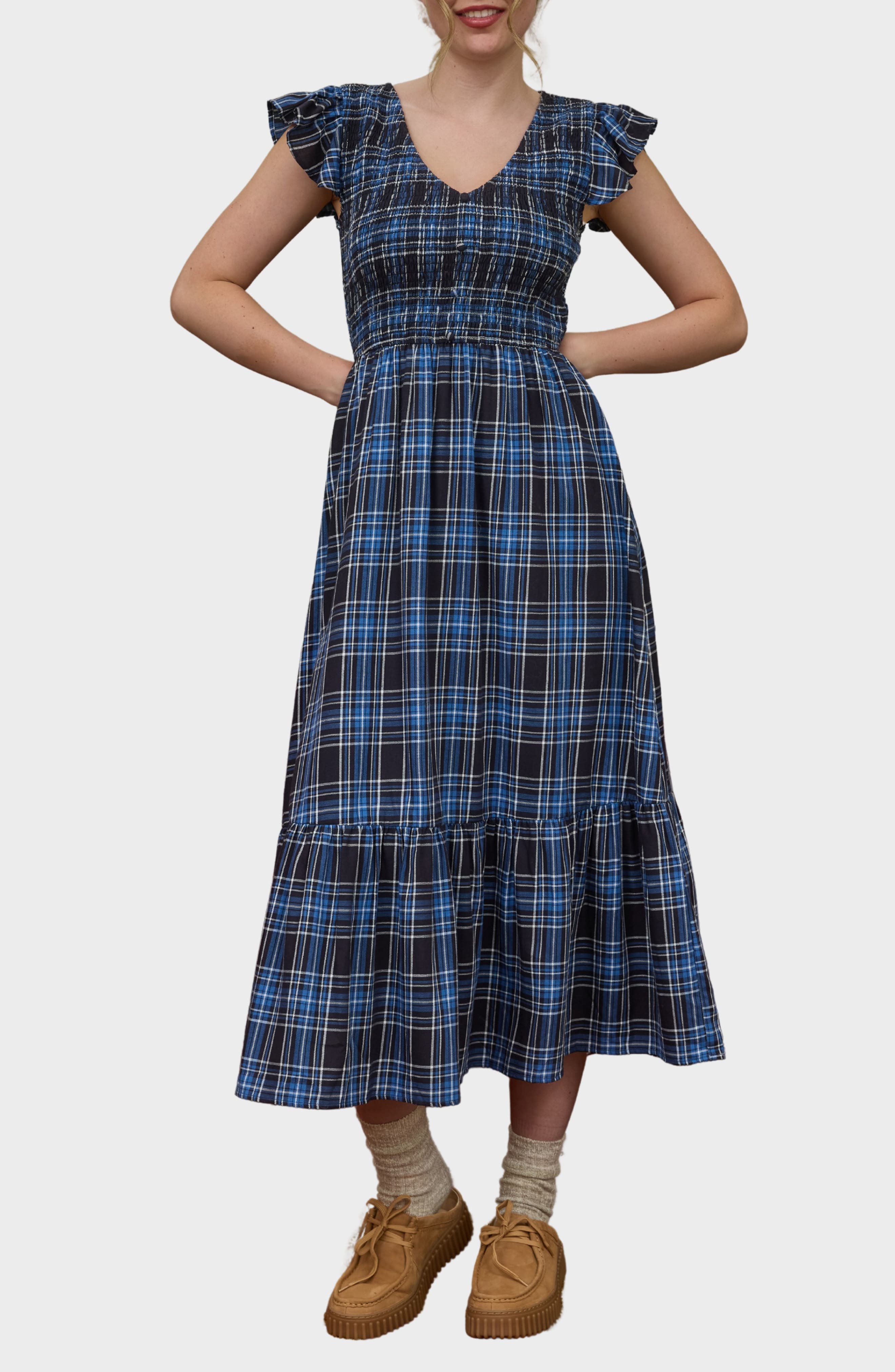 Blu Pepper Flutter Sleeve Plaid Maxi Dress