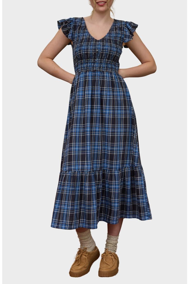 Flutter Sleeve Plaid Maxi Dress, Main, color, NAVY MULTI