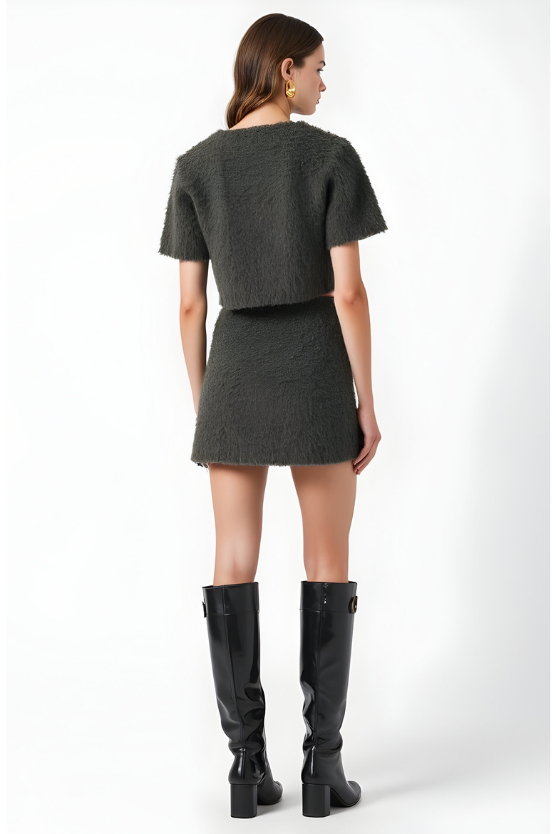 Fuzzy Knit Crop Top and Mini Skirt Set with Button Front Detail, Alternate, color, Gray