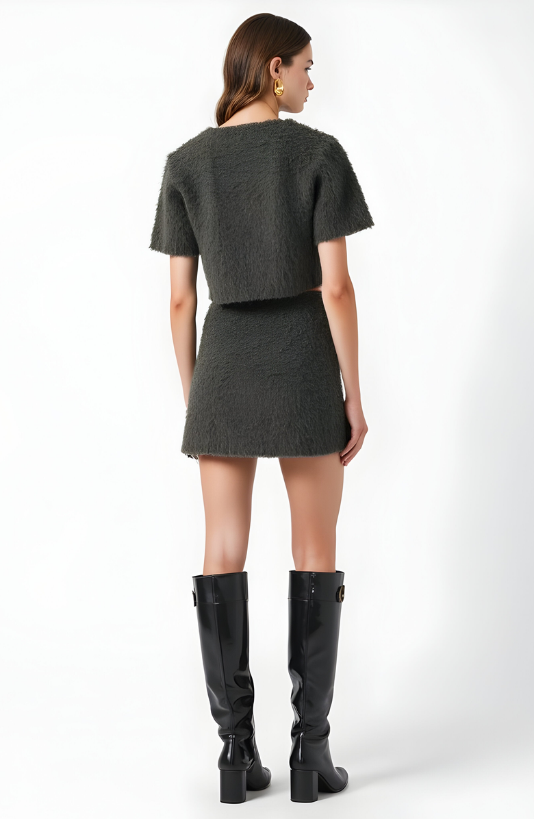 Modenaire Fuzzy Knit Crop Top and Mini Skirt Set with Button Front Detail, Alternate, color, Gray