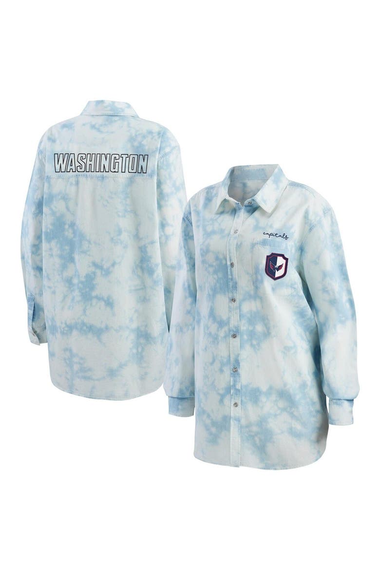 Women's WEAR by Erin Andrews White Washington Capitals Oversized Tie-Dye Button-Up Denim Shirt, Main, color, White