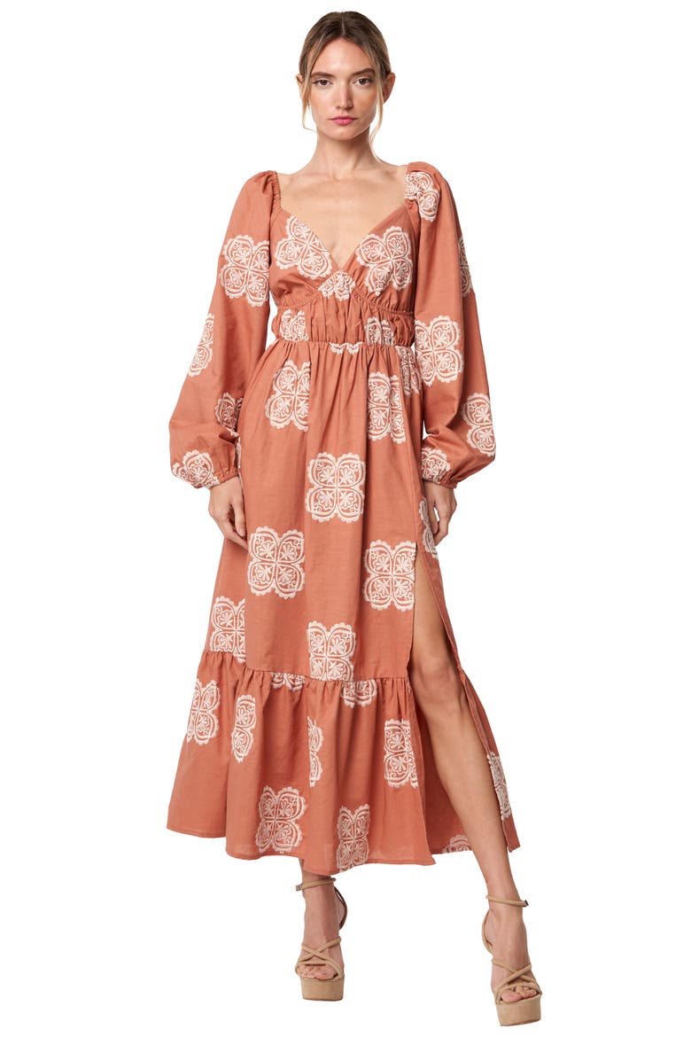 Serbita Medallion Embroidery Long Sleeve Cotton & Linen Midi Dress, Alternate, color, JASPER