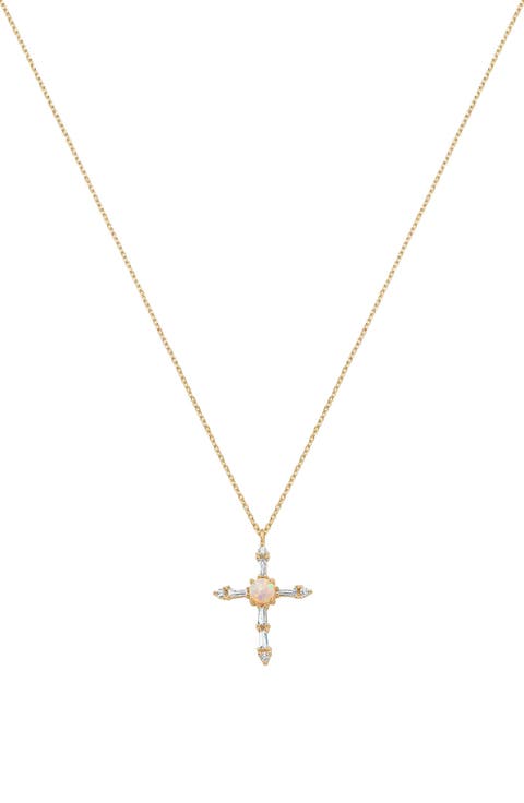 14k Gold Plated Opal Cross Necklace Faith Jewelry Holiday Gift Idea