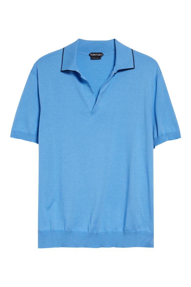 Tipped Silk & Cotton Polo Sweater, Alternate, color, AZURE BLUE