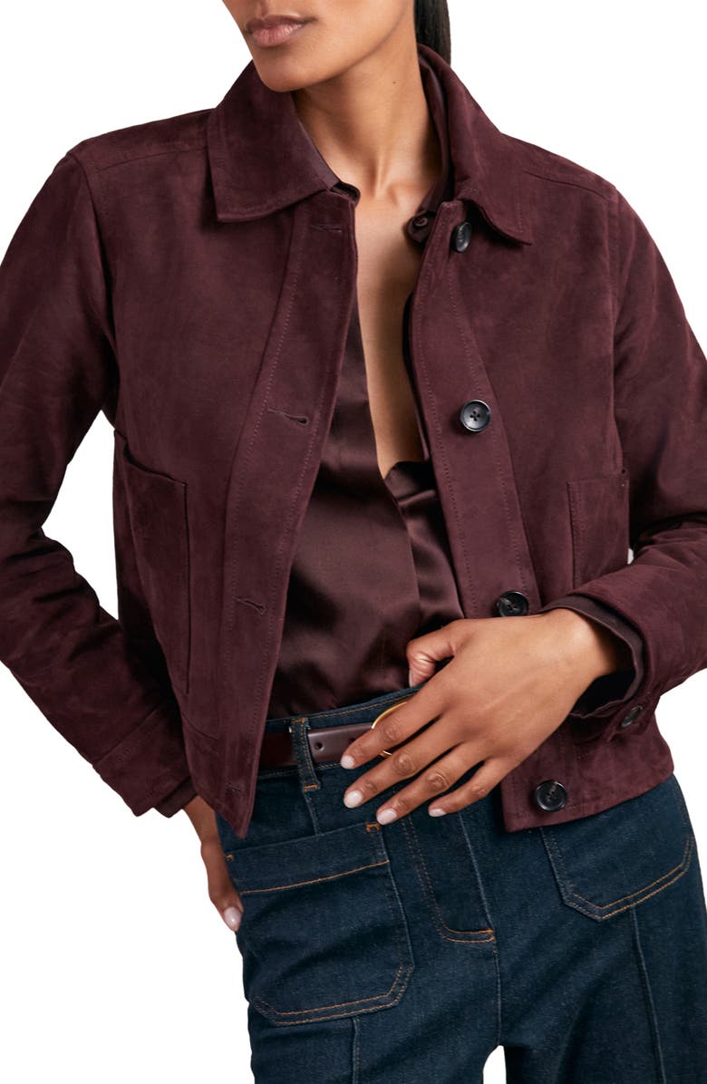 Reiss Sonny Crop Faux Suede Jacket, Alternate, color, Burgundy