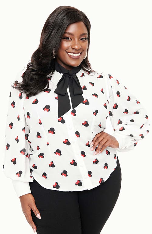 Unique Vintage Plus Size Long Sleeve Neck Tie Gwen Blouse In White Minnie Mouse