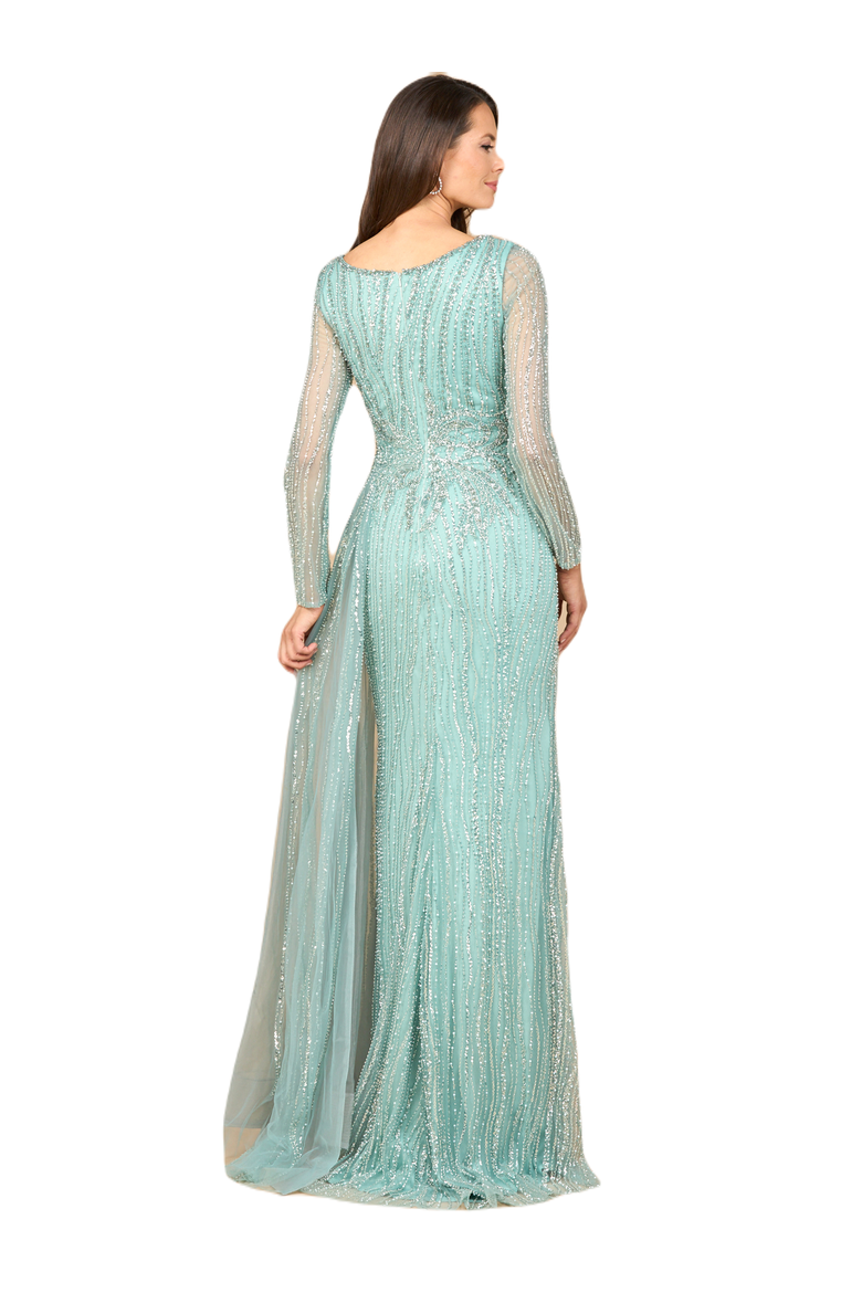 Long Sleeve V-Neck Gown with Drape, Alternate, color, Dark Sage
