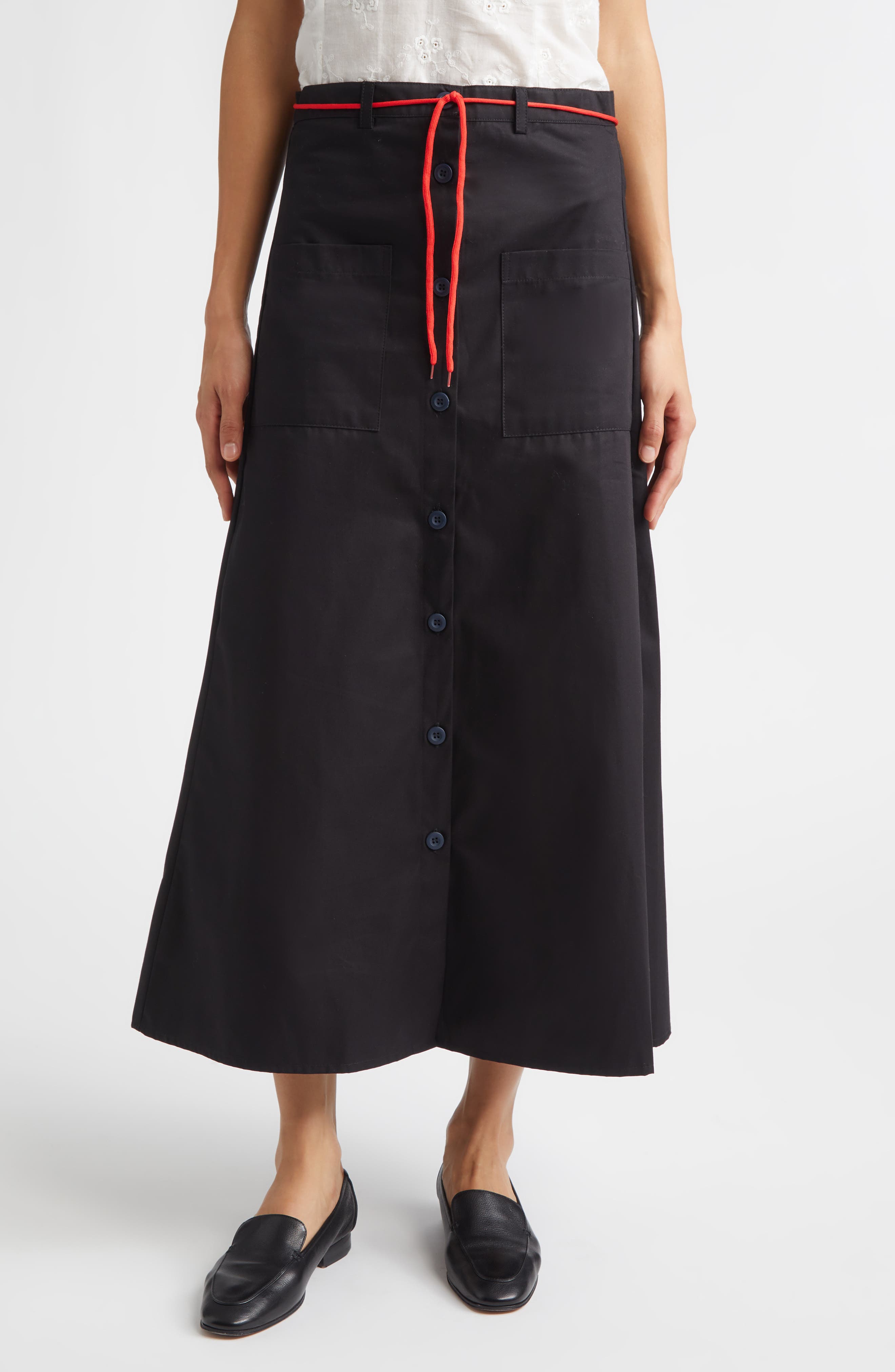 Shoelace Patch Pocket Cotton A-Line Midi Skirt