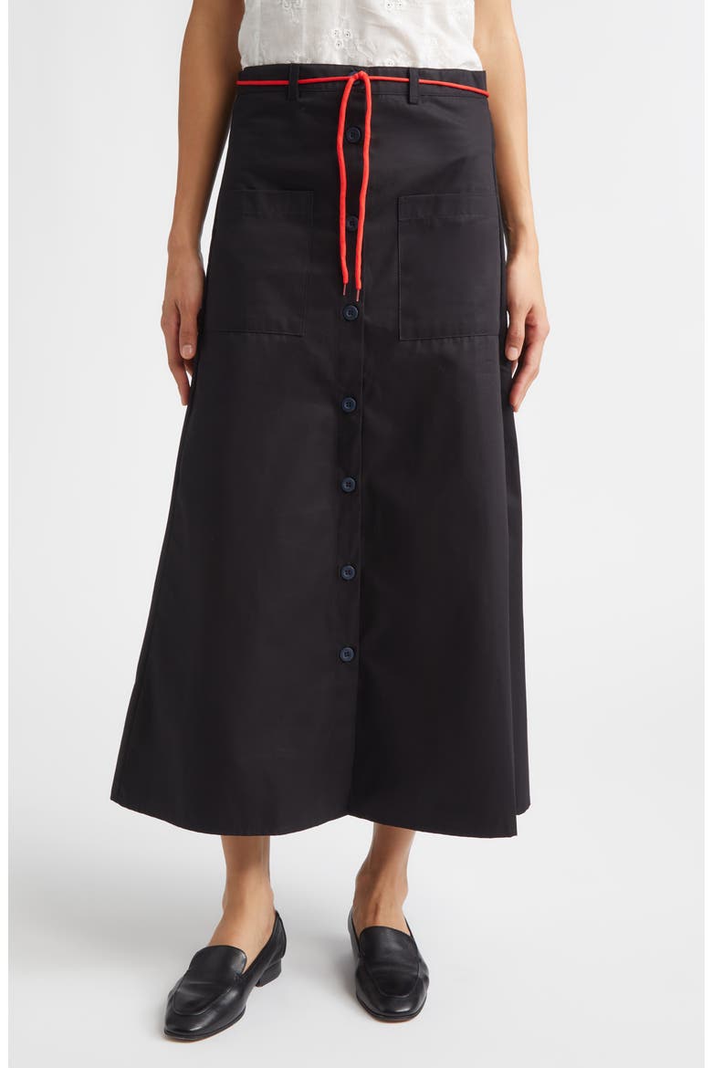 Shoelace Patch Pocket Cotton A-Line Midi Skirt, Main, color, BLACK