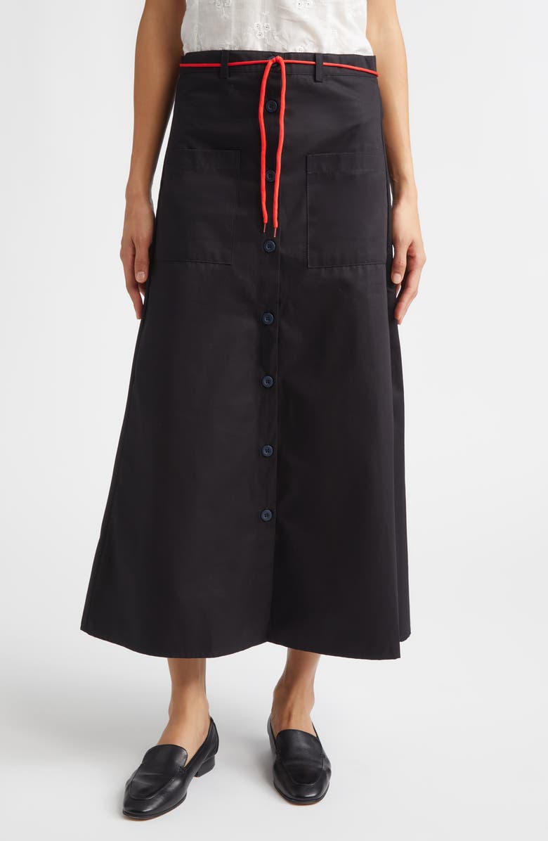 KÚR Shoelace Patch Pocket Cotton A-Line Midi Skirt, Main, color,