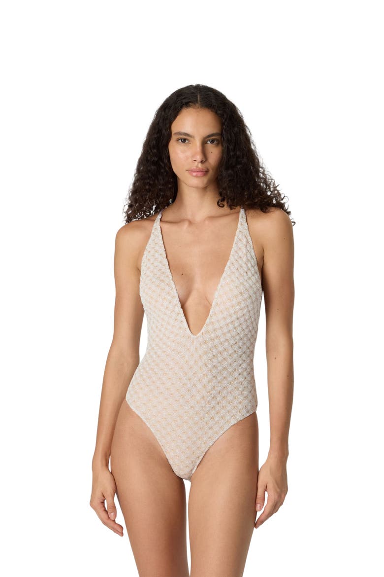 One-piece Swimsuit In Lamé Viscose With Raschel Workmanship, Main, color, White