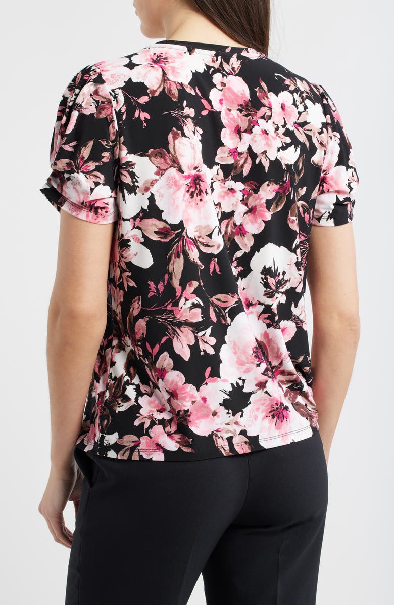 AK ANNE KLEIN Floral Print Pleated Sleeve Top, Alternate, color, Anne Black Multi