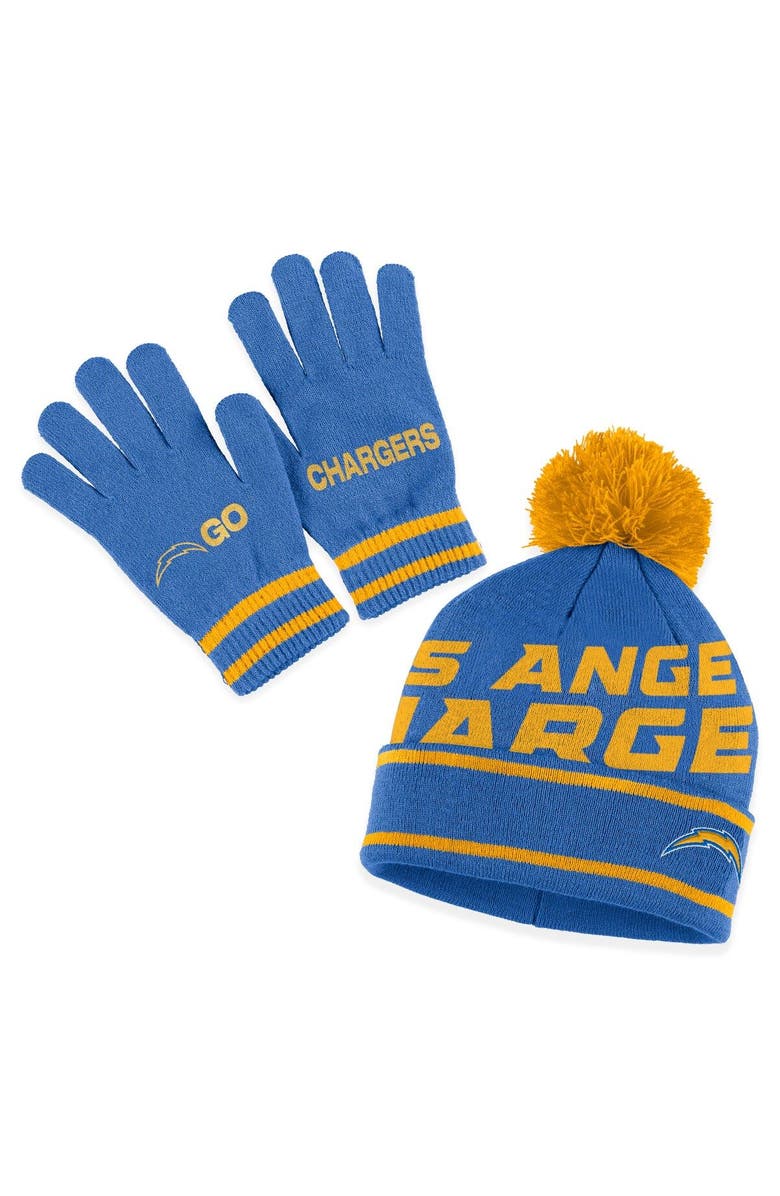 WEAR by Erin Andrews Women's WEAR by Erin Andrews Powder Blue Los Angeles Chargers Double Jacquard Cuffed Knit Hat with Pom and Gloves Set, Main, color, Powder Blue