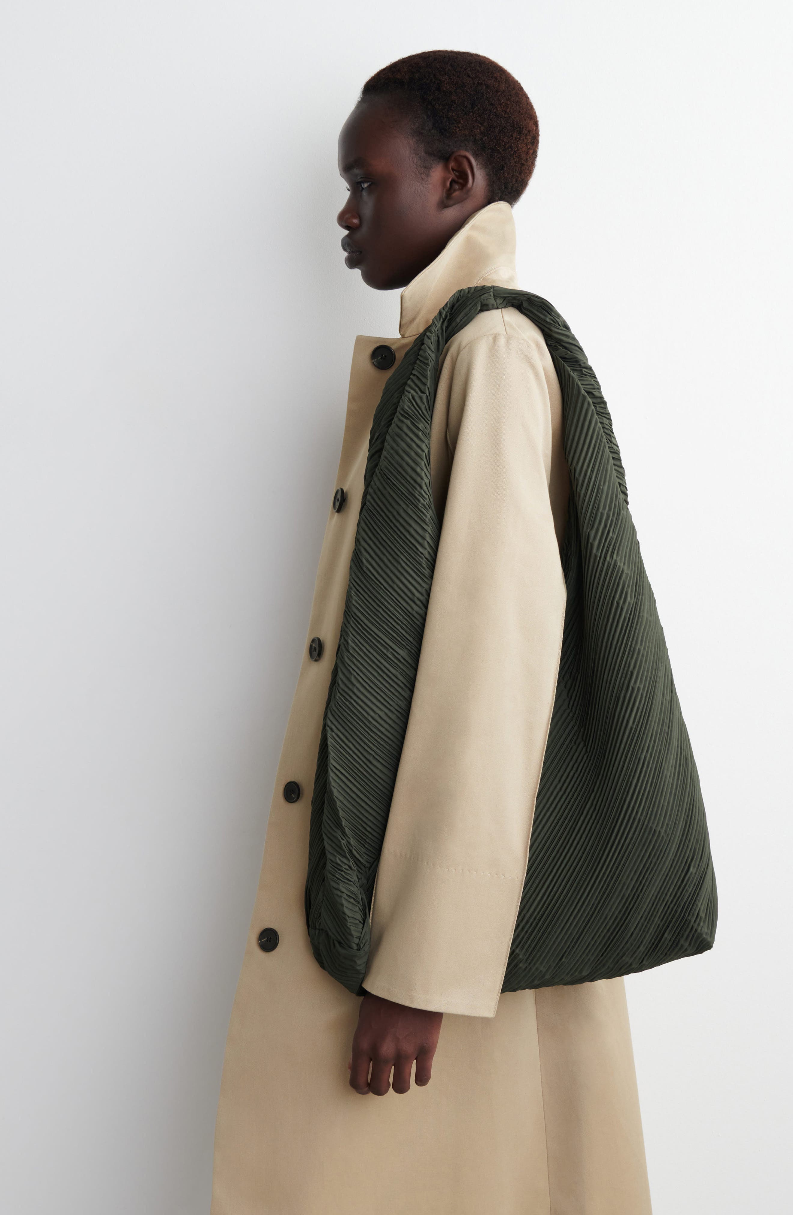 COS Guava Plissé Tote, Alternate, color, Khaki Green Medium Dusty