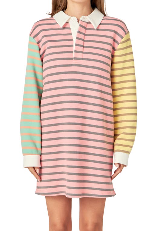 English Factory Colorblock Stripe Long Sleeve Polo Dress In Pink Multi