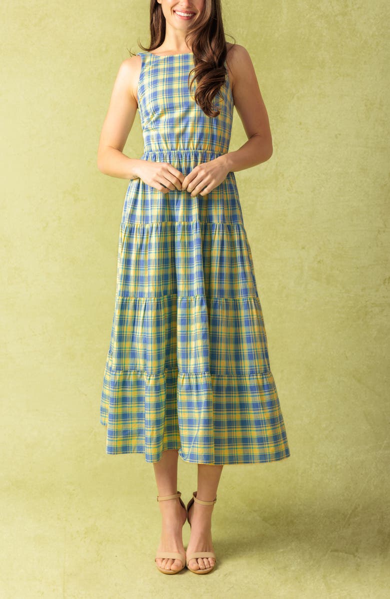 FLYING TOMATO Plaid Tiered Cotton Midi Dress, Alternate, color, Yellow Blue