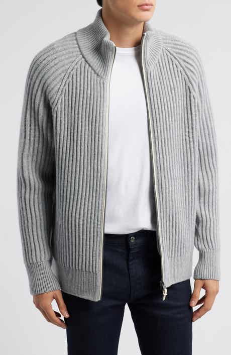 BOSS Camel Erbo Virgin Wool & Cashmere Rib Zip Cardigan