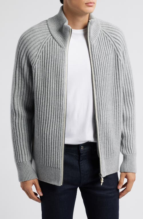 Hugo Boss Boss Camel Erbo Virgin Wool & Cashmere Rib Zip Cardigan In Open Grey