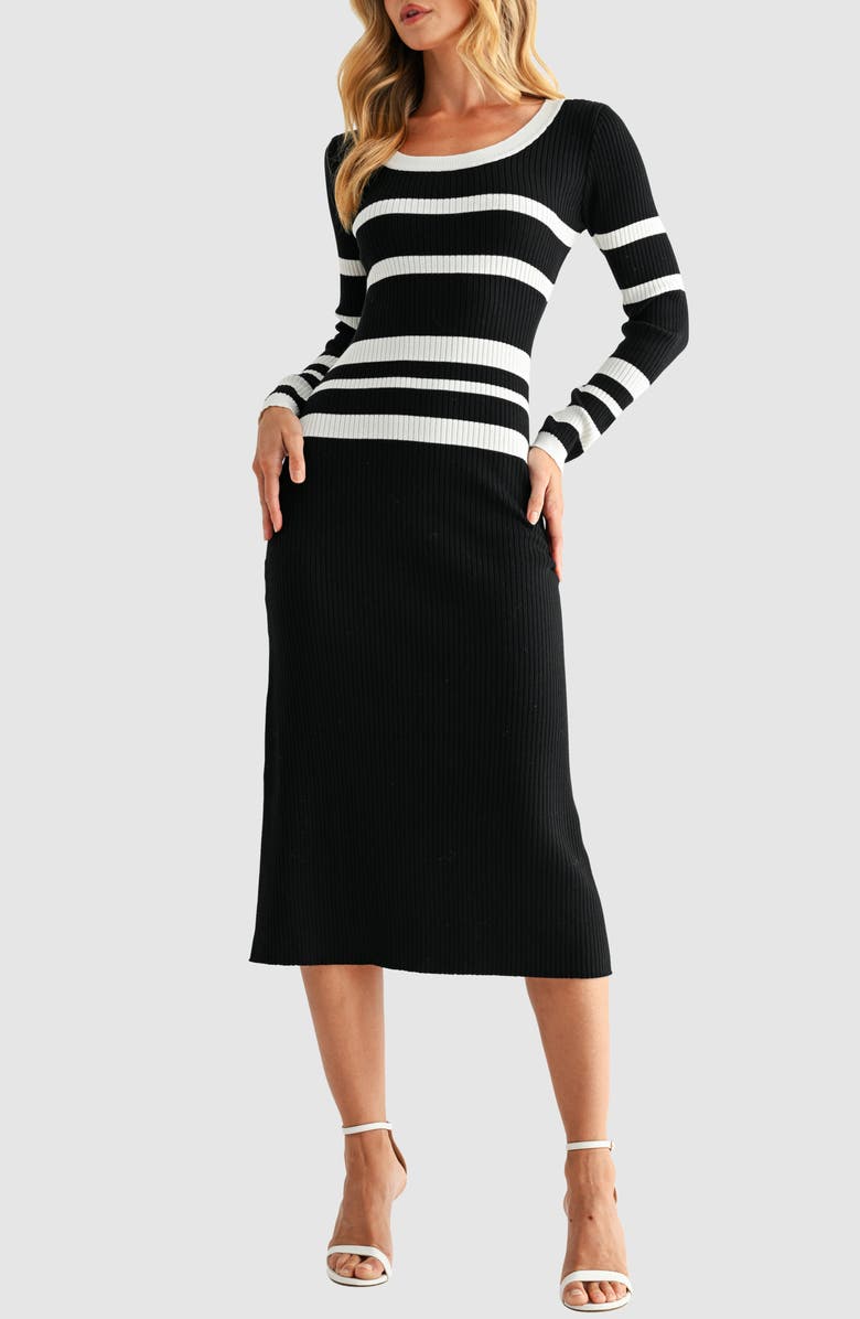 Mila Mae Varigated Stripe Long Sleeve Rib Sweater Dress, Alternate, color, Black White