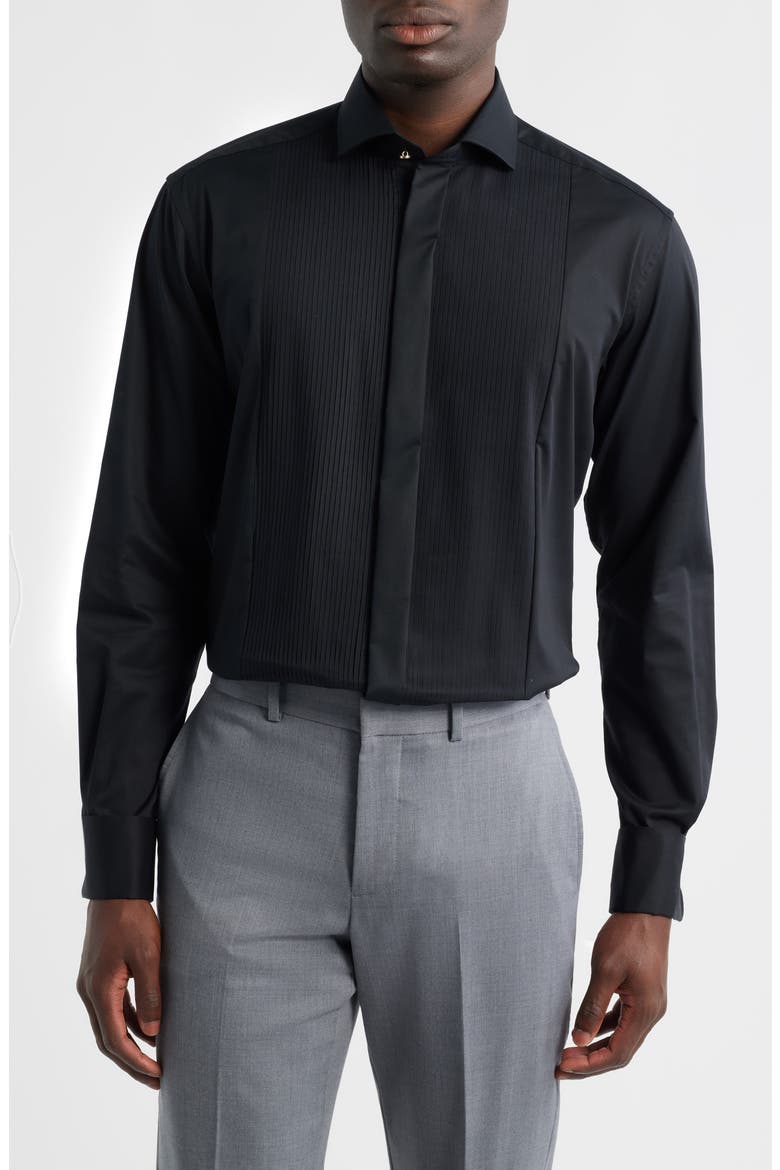 Slim Fit Black Pleated Bib Non-Iron Cotton Tuxedo Shirt, Main, color, BLACK