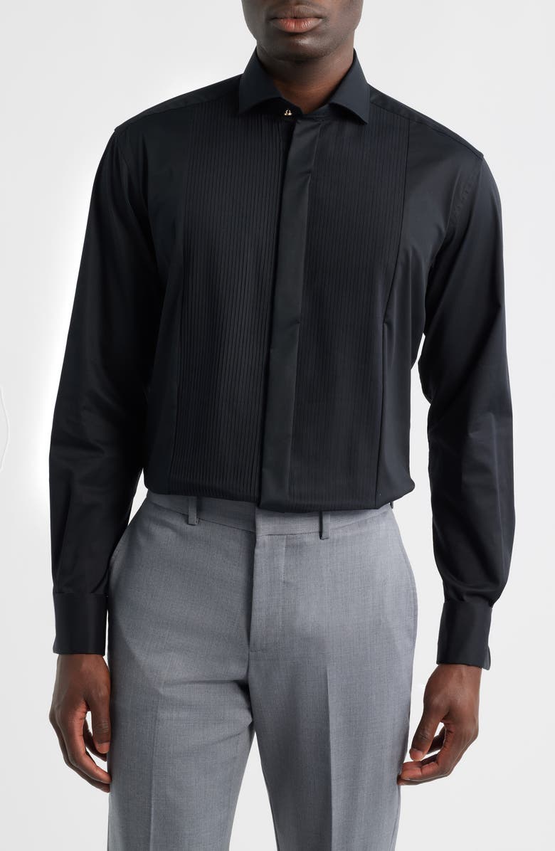 1863 by Eterna Slim Fit Black Pleated Bib Non-Iron Cotton Tuxedo Shirt, Main, color, Black