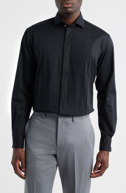 Slim Fit Black Pleated Bib Non-Iron Cotton Tuxedo Shirt (Regular & Big)