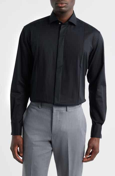 Slim Fit Black Pleated Bib Non-Iron Cotton Tuxedo Shirt