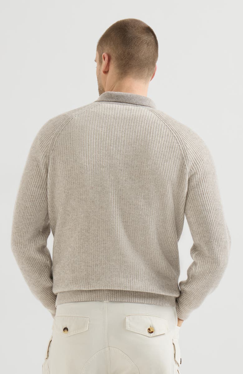 Brunello Cucinelli Cashmere vanisé English rib knit polo with half zip, Alternate, color, Grey