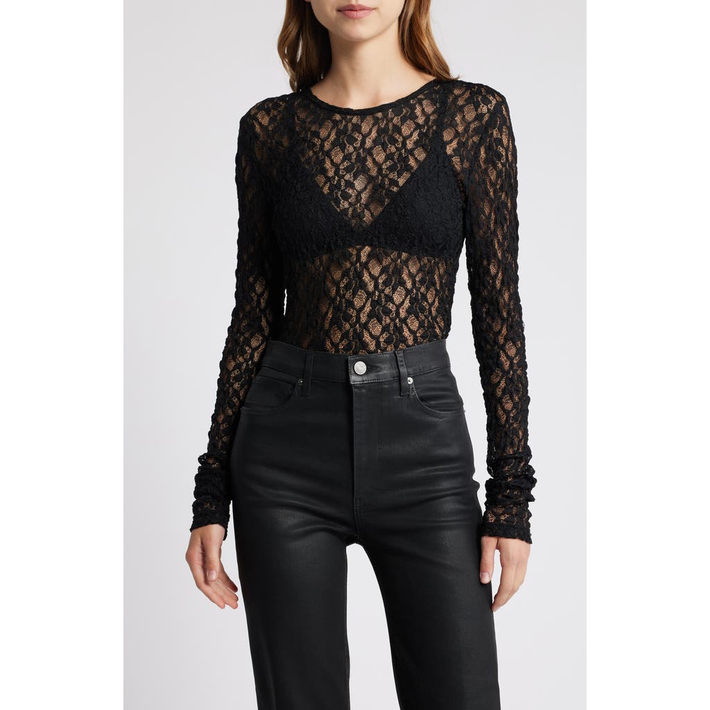 Frame Crewneck Mesh Lace Tee In Black