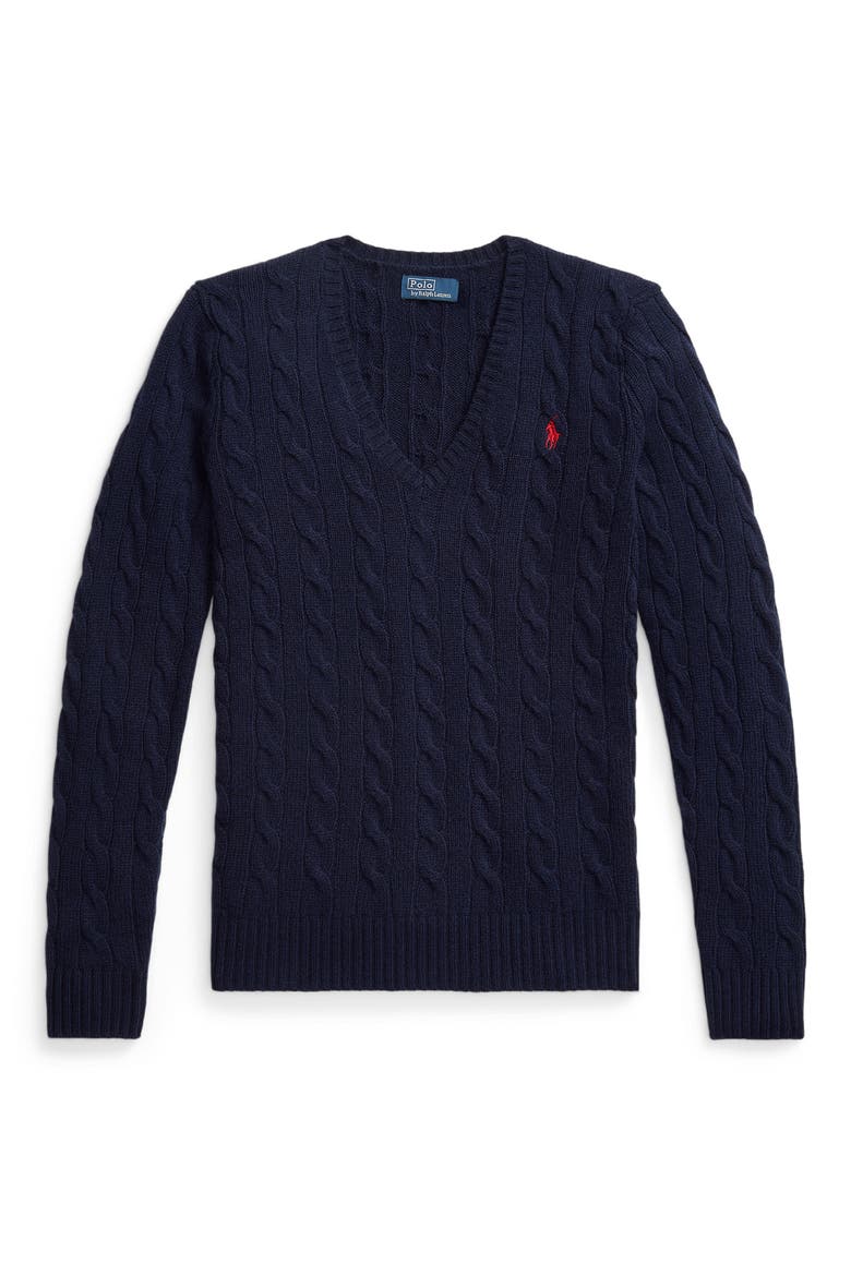 Kimberly Cable Wool & Cashmere V-Neck Sweater, Alternate, color, HUNTER NAVY