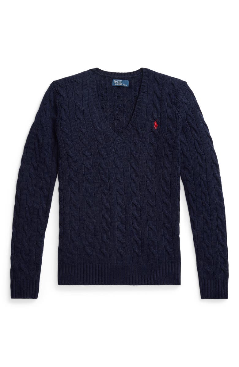 Polo Ralph Lauren Kimberly Cable Wool & Cashmere V-Neck Sweater, Alternate, color, Hunter Navy