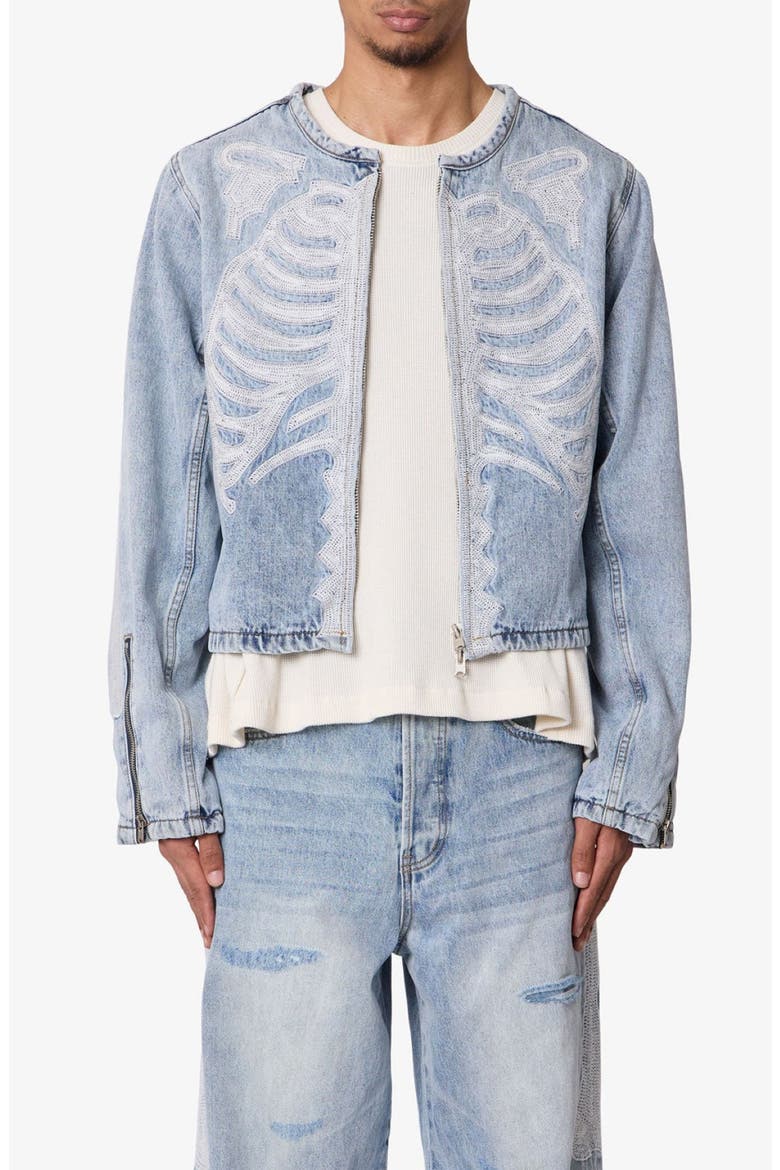 Skeleton Denim Moto Jacket, Main, color, WASHED BLUE