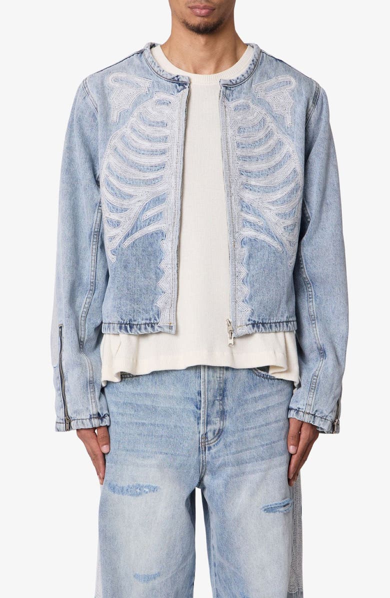 mnml Skeleton Denim Moto Jacket, Main, color, 